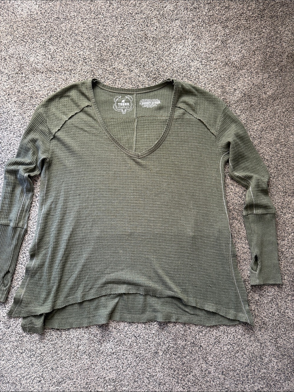 Trunk Ltd Olive Waffle Knit V-Neck Long Sleeve Top
